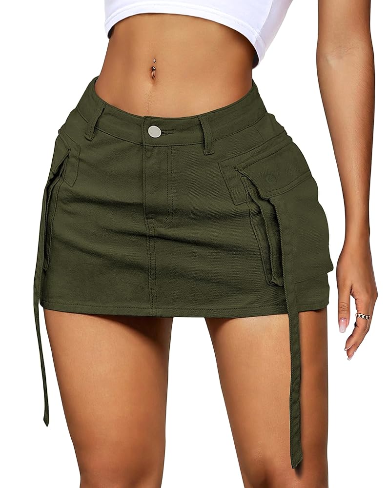 YZEGGO Womens Cargo Skirt Low Waist Button Denim Mini Skirt